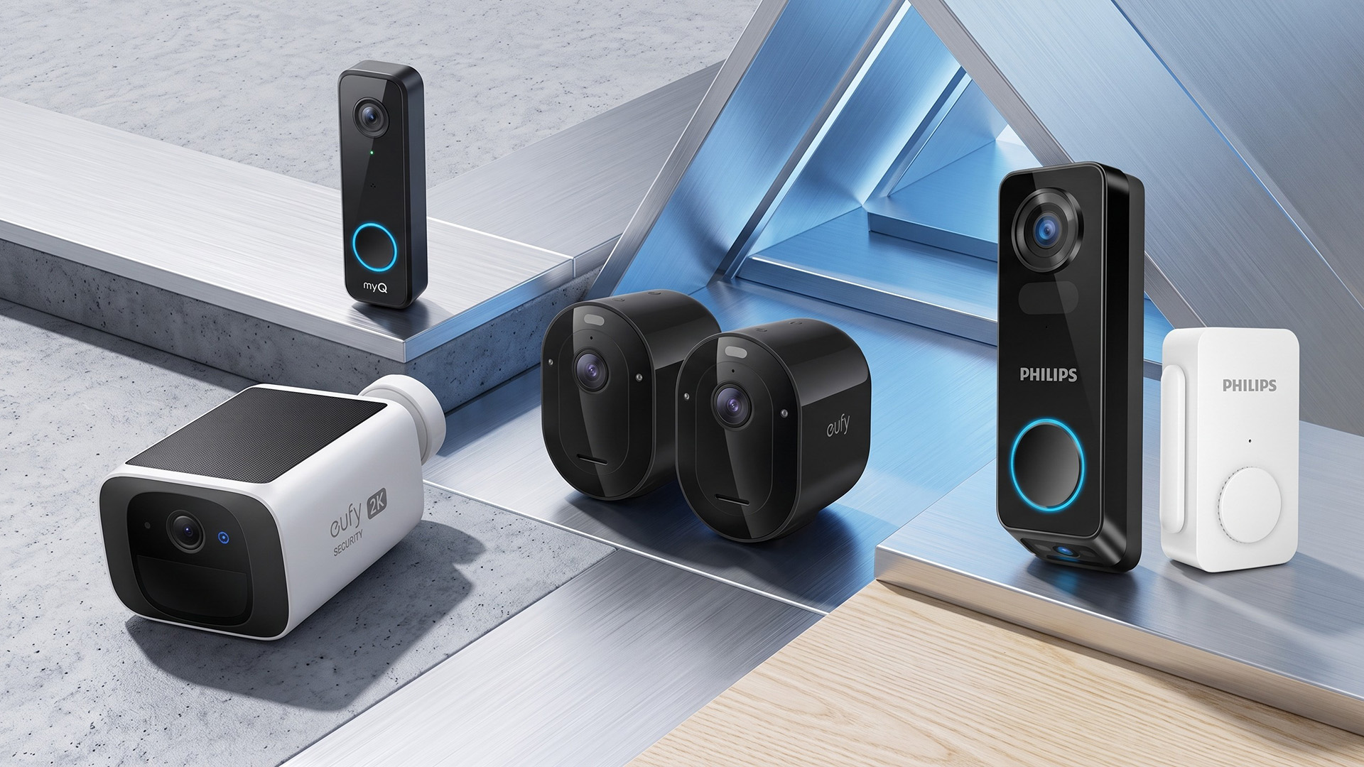 A selection of security cameras and smart door gadgets.