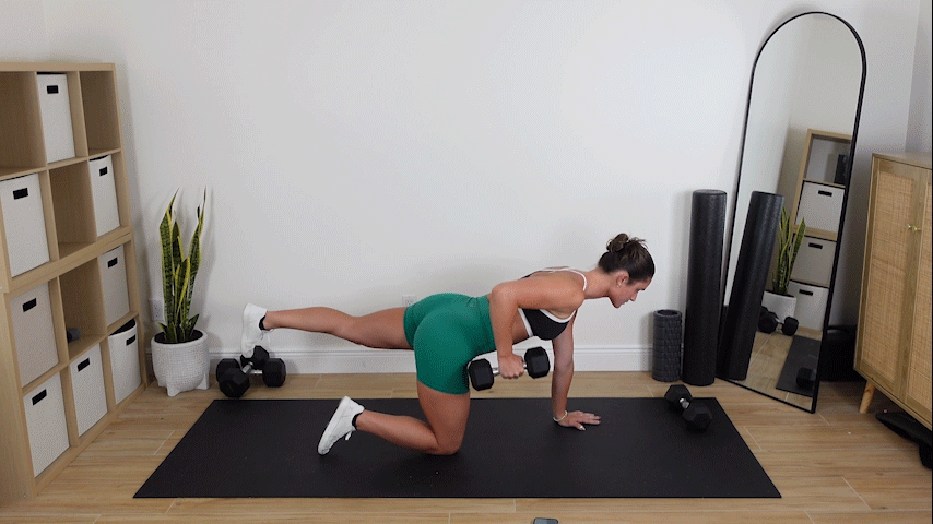 trainer Kirra Mitlo doing dumbbell bird dog and rows