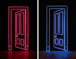 A series of nine half-open doors in different colours