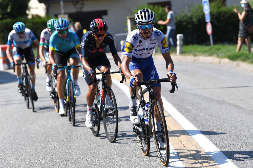 MERIBEL FRANCE SEPTEMBER 16 Julian Alaphilippe of France and Team Deceuninck QuickStep Richard Carapaz of Ecuador and Team INEOS Grenadiers Gorka Izagirre Insausti of Spain and Astana Pro Team Lennard Kamna of Germany and Team Bora Hansgrohe Daniel Martin of Ireland and Team Israel StartUp Nation Breakaway during the 107th Tour de France 2020 Stage 17 a 170km stage from Grenoble to Mribel Col de la Loze 2304m TDF2020 LeTour on September 16 2020 in Mribel France Photo by Tim de WaeleGetty Images