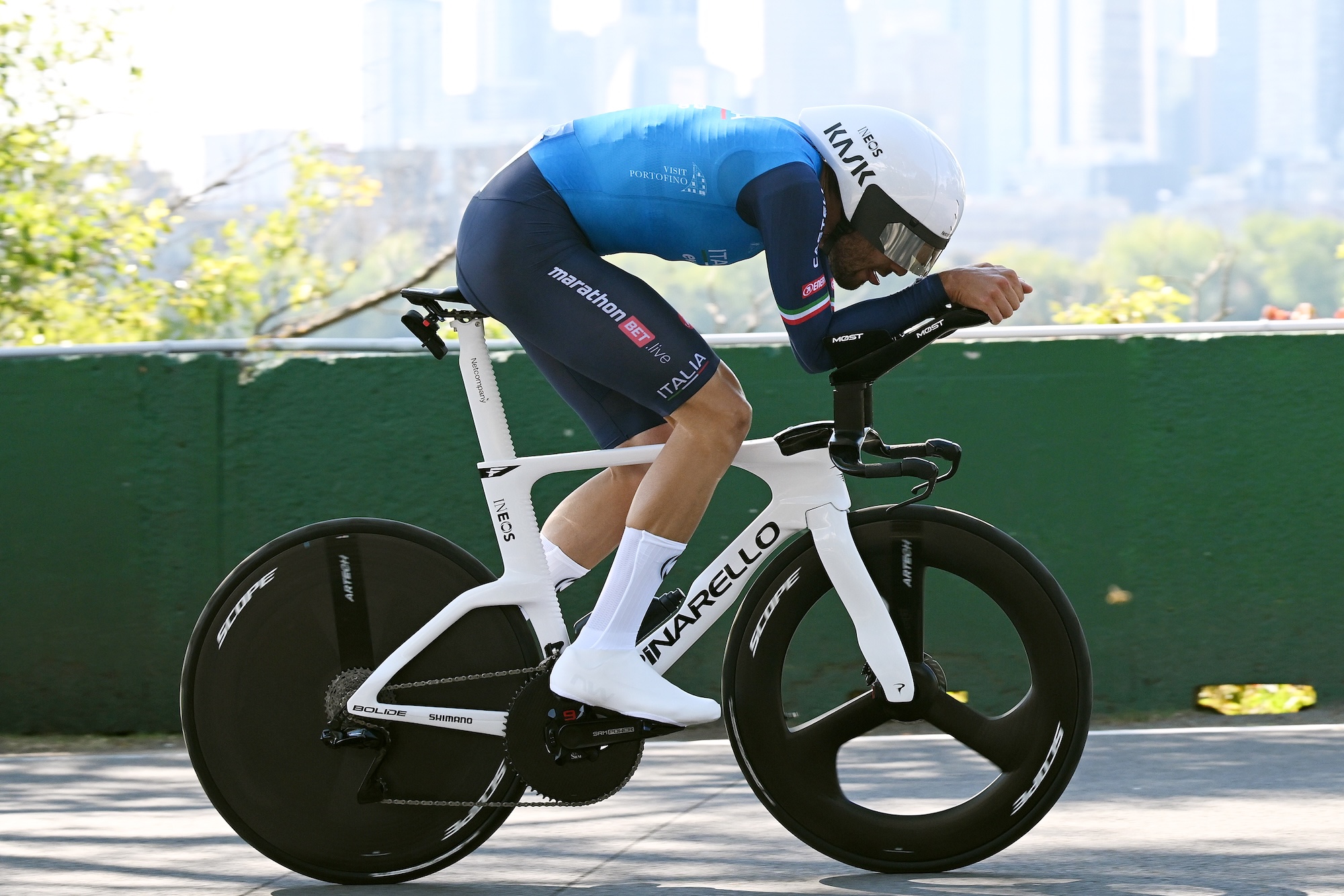 MONTREAL, QUEBEC - SEPTEMBER 20: Filippo Ganna and Team Italy competes during the 99th UCI Road World Championships Montreal 2026 - Men Elite Individual Time Trial a 39,2km race from Montreal to Montreal on September 20, 2026 in Montreal, Quebec. (Photo by Dario Belingheri/Getty Images)