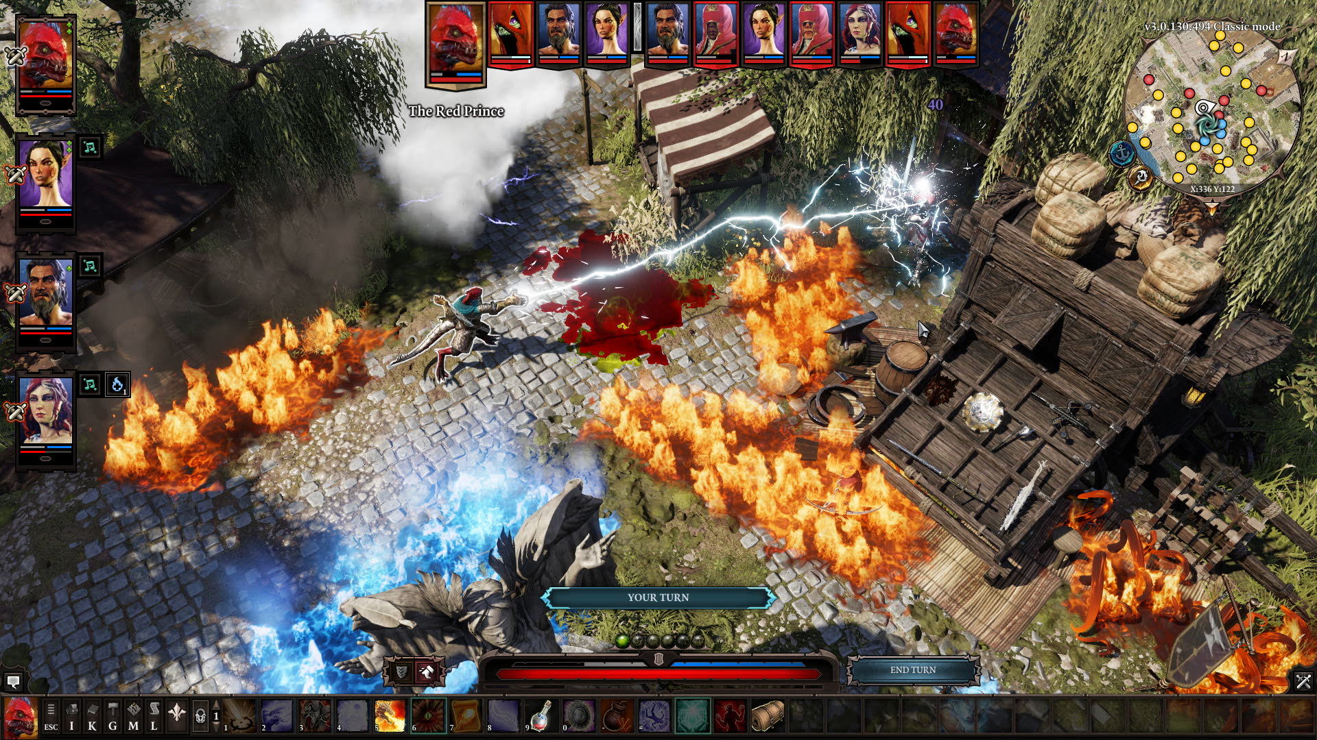 In Divinity Original Sin 2, the Red Prince fires a lightning bolt at an enemy in turn-based combat, and flames singe the ground nearby
