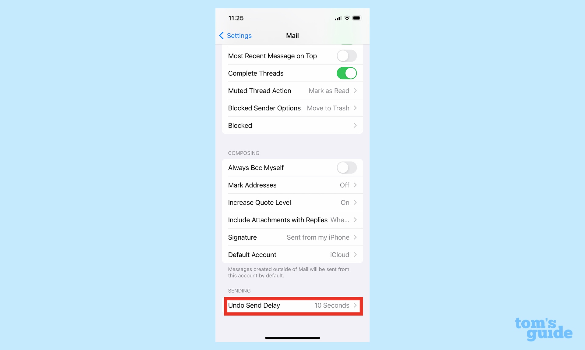 Select undo delayed send in ios 16 mail settings