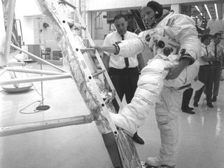 Astronaut Neil Armstrong practice's moonwalk activities for his historic Apollo 11 moon landing mission.
