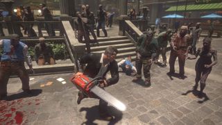 Dead Rising Deluxe Remaster combat in Al Fresca Plaza with a chainsaw