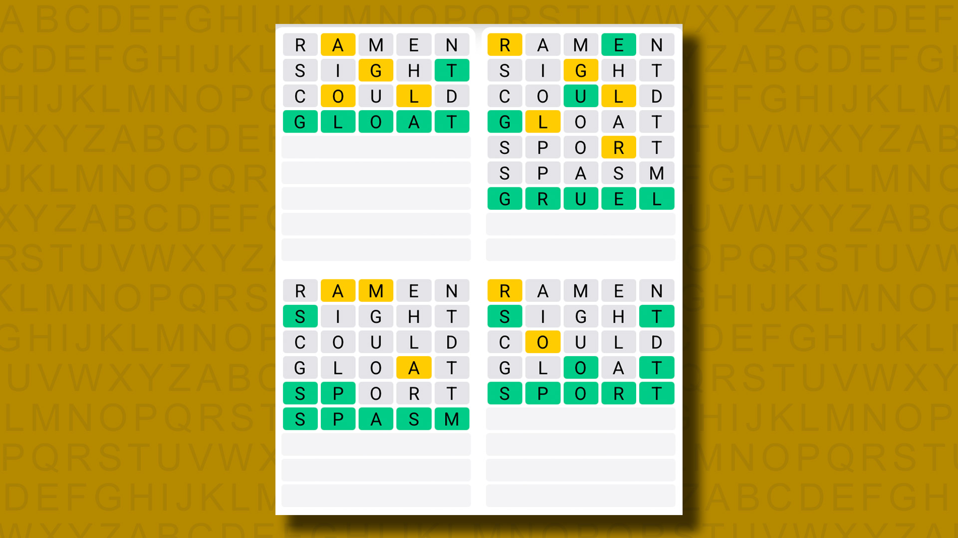 Quordle answers for game 1338 on a yellow background