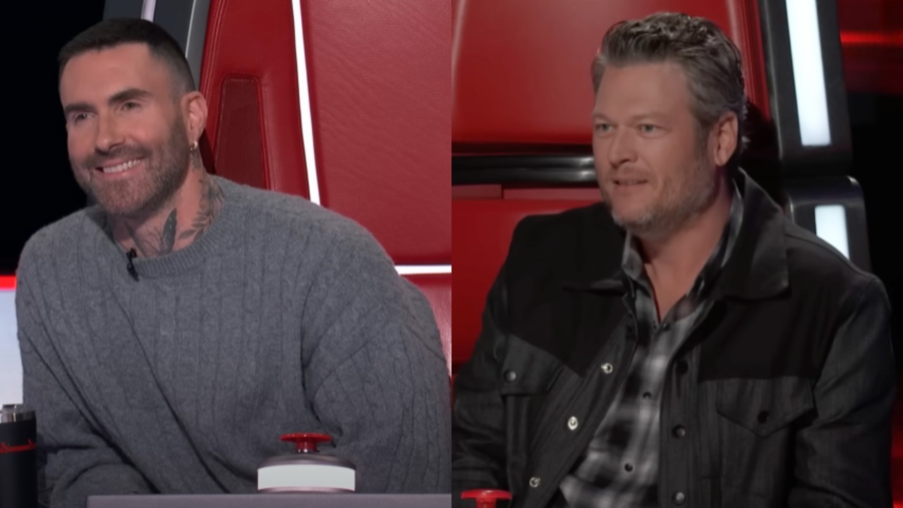From left to right: Adam Levine smiling and Blake Shelton smiling on The Voice.