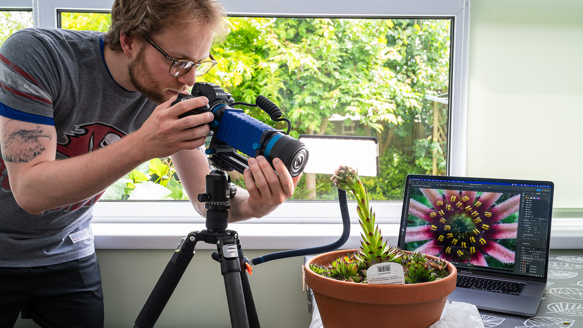 Mike Harris using Novoflex Auto Macro Bellows to photograph a pot plant set up on a table next to a laptop
