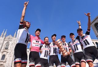 Team Sunweb riders celebrate on the final Giro podium