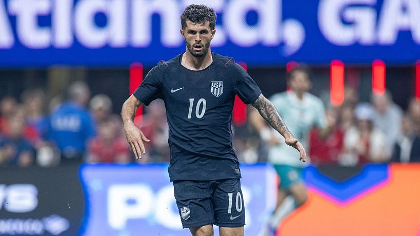 Christian Pulisic #10 of the United States moves with the ball during the match between Portugal and USA at Mercedes Benz Stadium on March 31, 2026 in Atlanta, Georgia. 