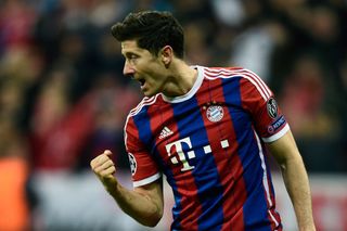 Robert Lewandowski celebrates after scoring for Bayern Munich against Shakhtar Donetsk in the Champions League in March 2015.