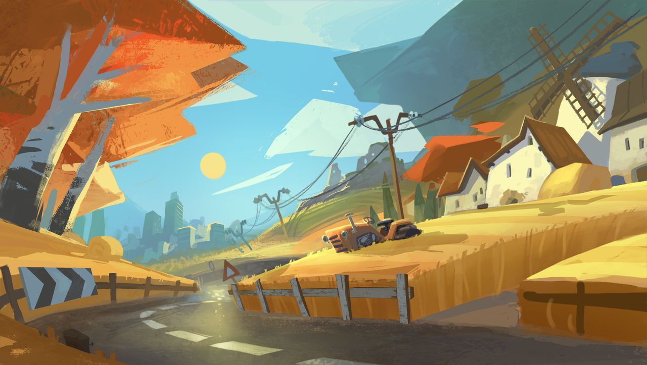 Wheel World indie game developer interview; a digital illustration depicts a whimsical landscape with large rock formations and a cloudy sky.