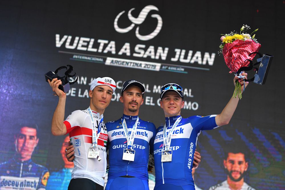 Valerio Conti, Julian Alaphilippe and Remco Evenepoel on the stage 3 podium at Vuelta a San Juan