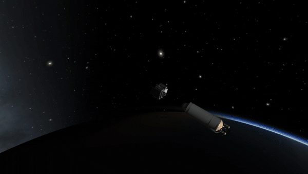 A Kerbal Space Program reproduction of NASA's OSIRIS-REx asteroid-sampling mission as the craft separates from its second-stage rocket and heads for deep space.