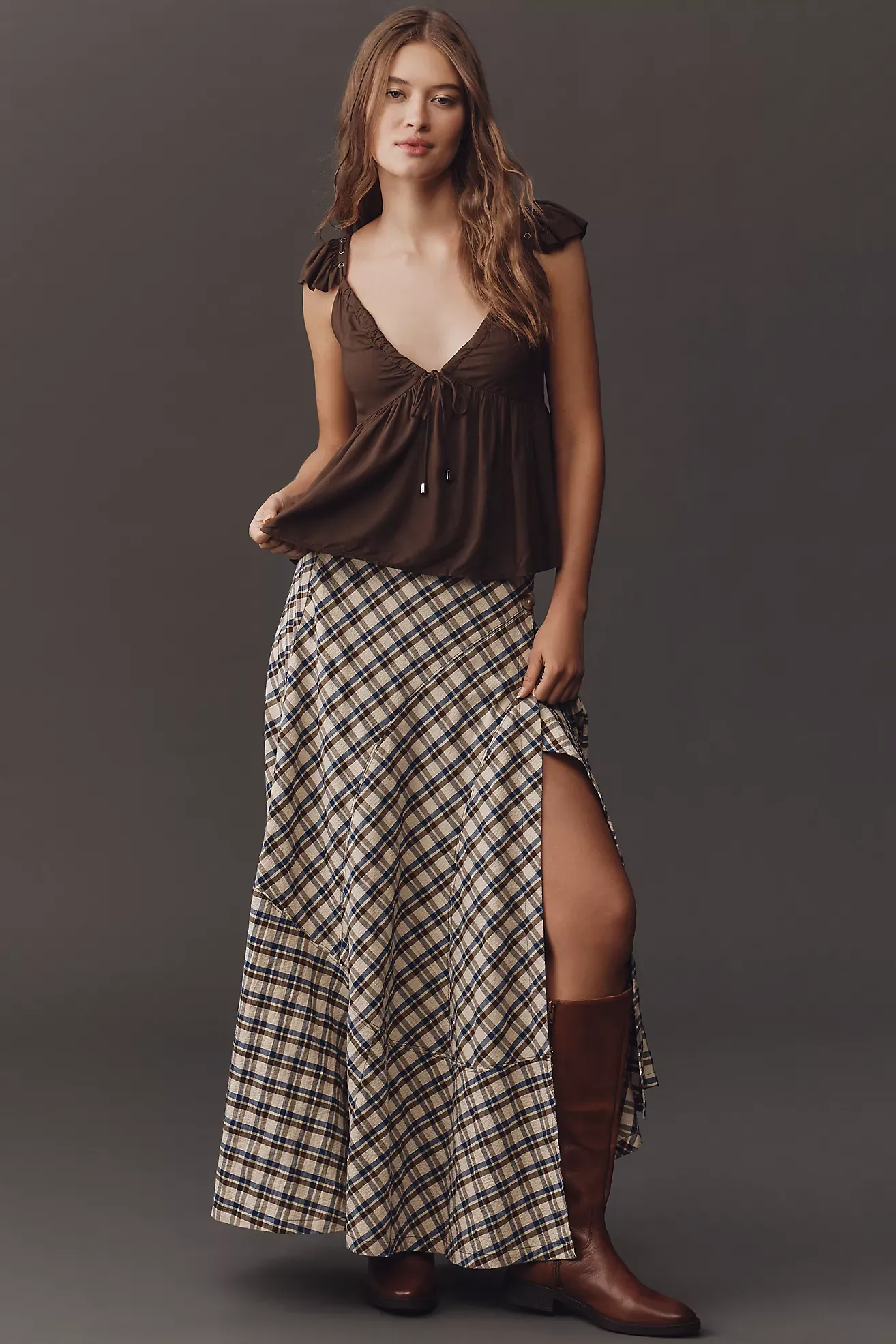 By Anthropologie Seamed Plaid Wrap Maxi Skirt