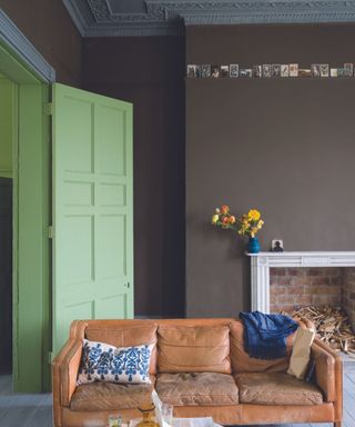 brown painted living room with green door