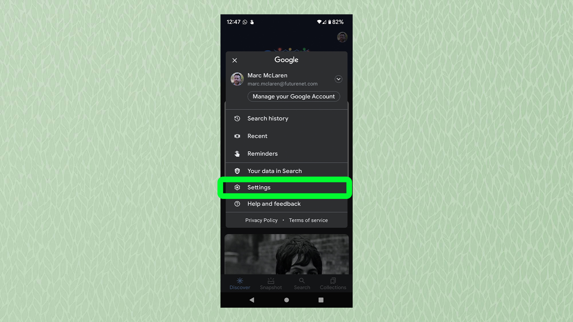 Снимок экрана с Android, показывающий меню настроек Google с выделенными настройками