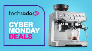 Breville espresso machine on blue background with text 'TechRadar Cyber Monday Deals'