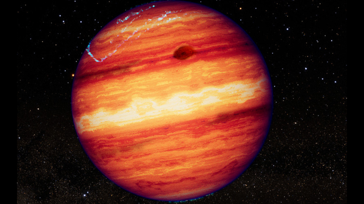 an illustration of an orb that looks a lot like jupiter, but brighter and with glowing blue streaks at the top. 