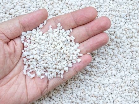 A hand holding white perlite