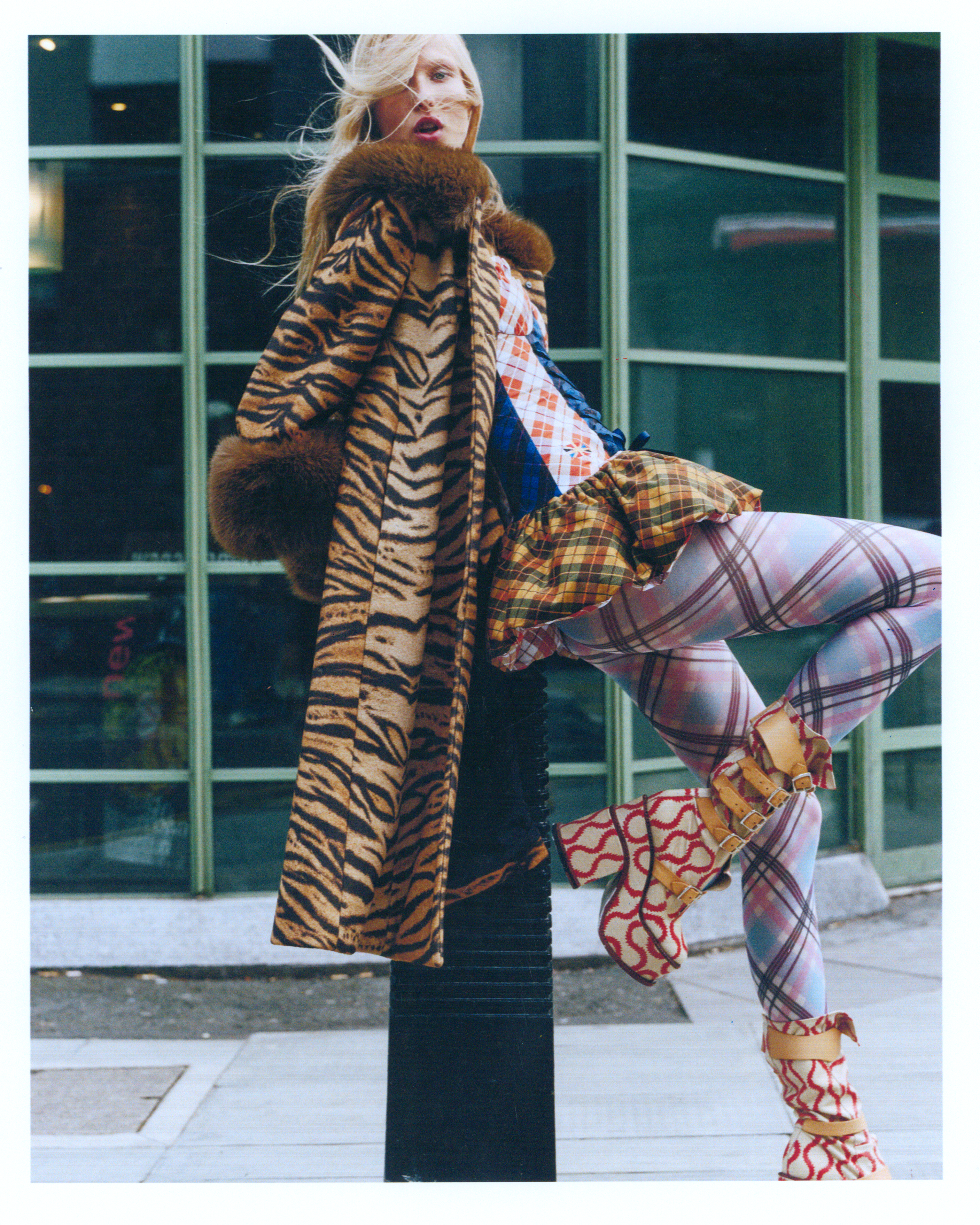 a model wearing a tiger print charlotte simone coat