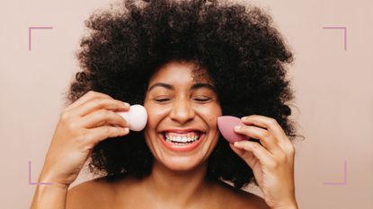 woman applying makeup with two sponges to test foundation vs tinted moisturizer