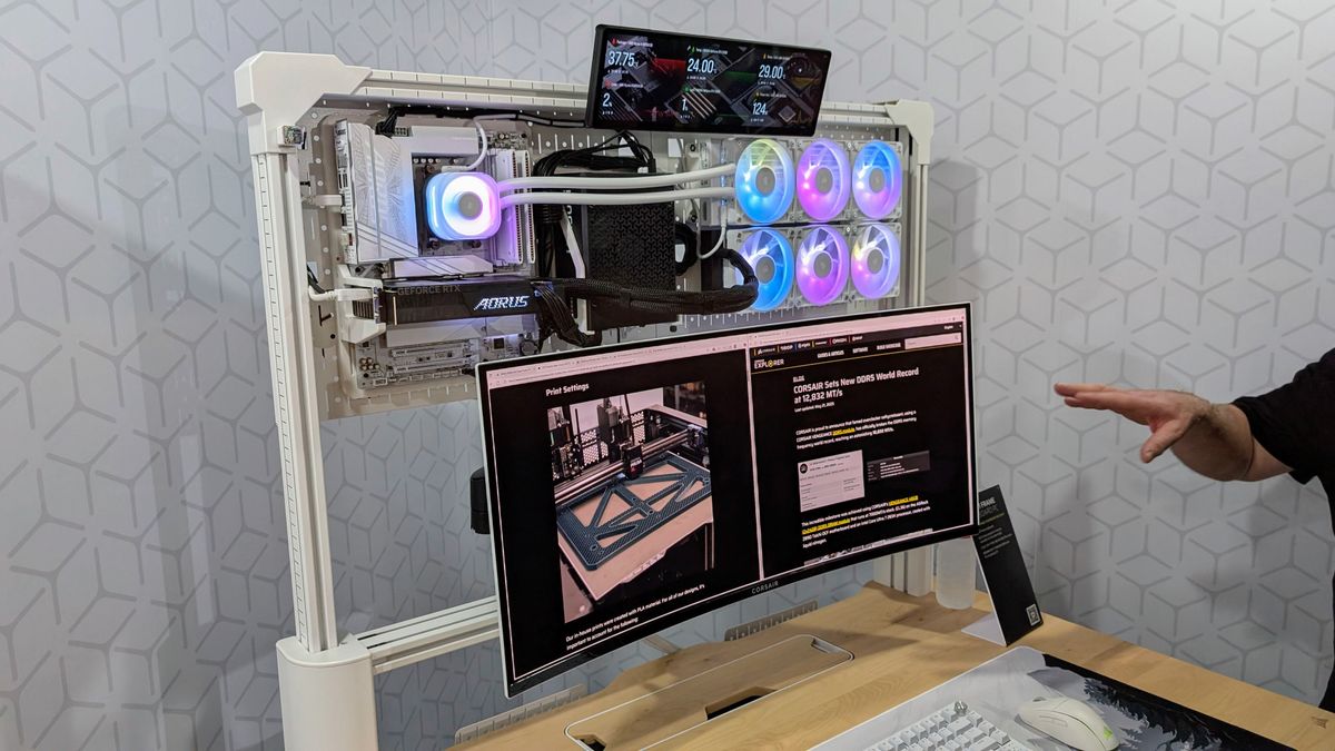 Platform:6 motorised standing desk left side close up of pegboard gaming laptop build Computex 2025