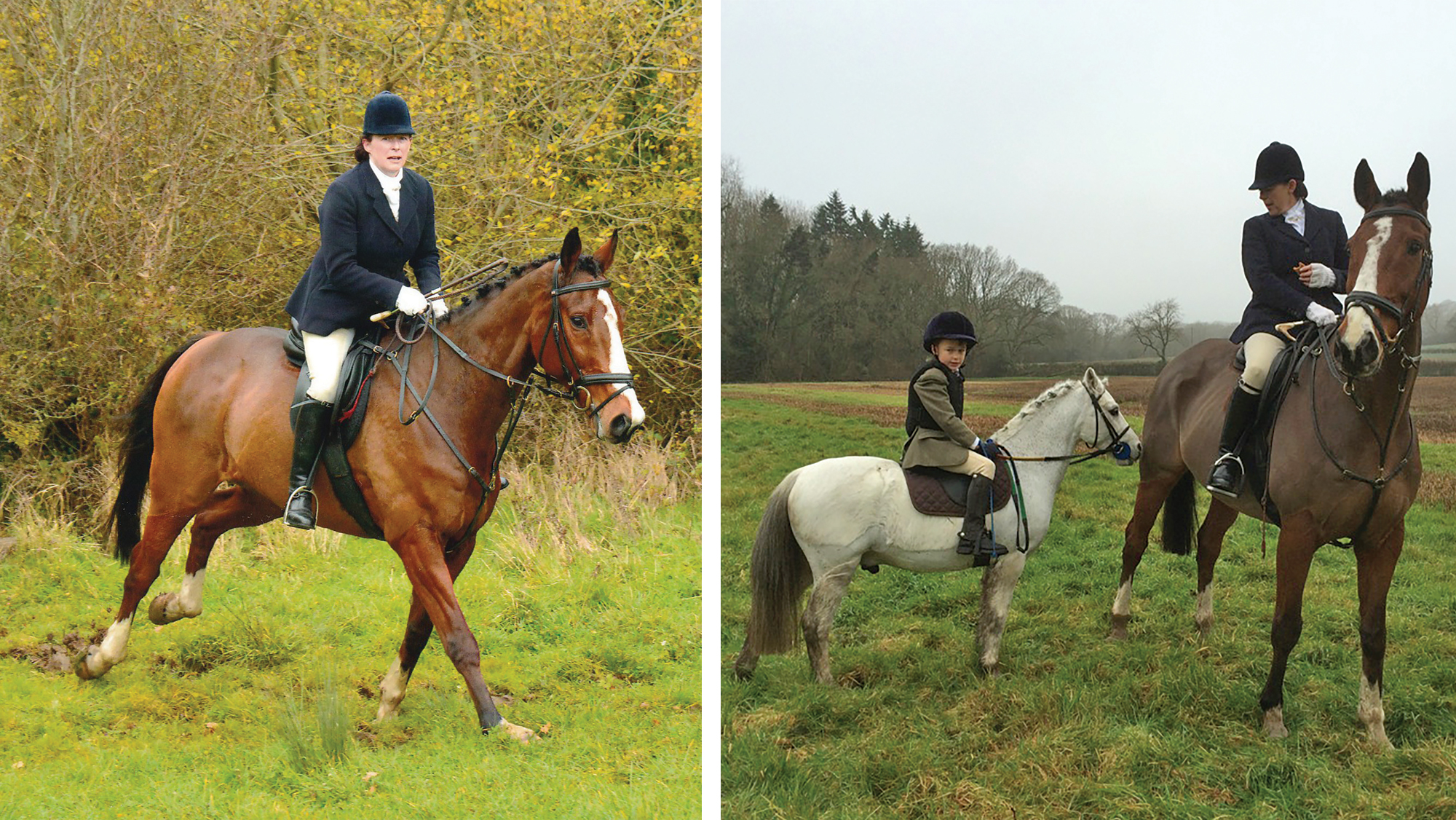 A hunter called The Wiffler cantering across a field and standing alpongside a small grey pony