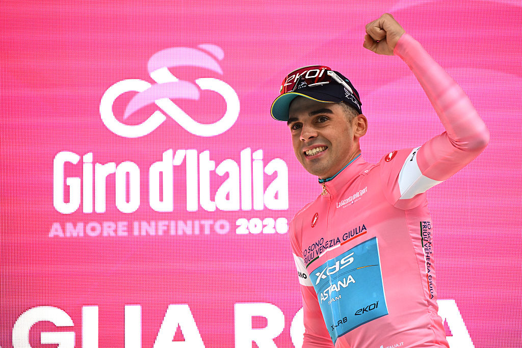 VELIKO TARNOVO, BULGARIA - MAY 09: Guillermo Thomas Silva of Uruguay and Team XDS Astana celebrates at podium as Pink Leader Jersey winner during the 109th Giro d&amp;apos;Italia 2026, Stage 2 a 221km stage from Burgas to Veliko Tarnovo / #UCIWT / on May 09, 2026 in Veliko Tarnovo, Bulgaria. (Photo by Dario Belingheri/Getty Images)