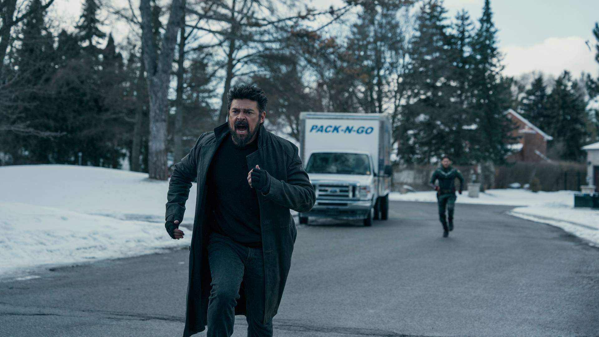 Butcher (Karl Urban) being chased by Soldier Boy (Jensen Ackles) in The Boys season 5