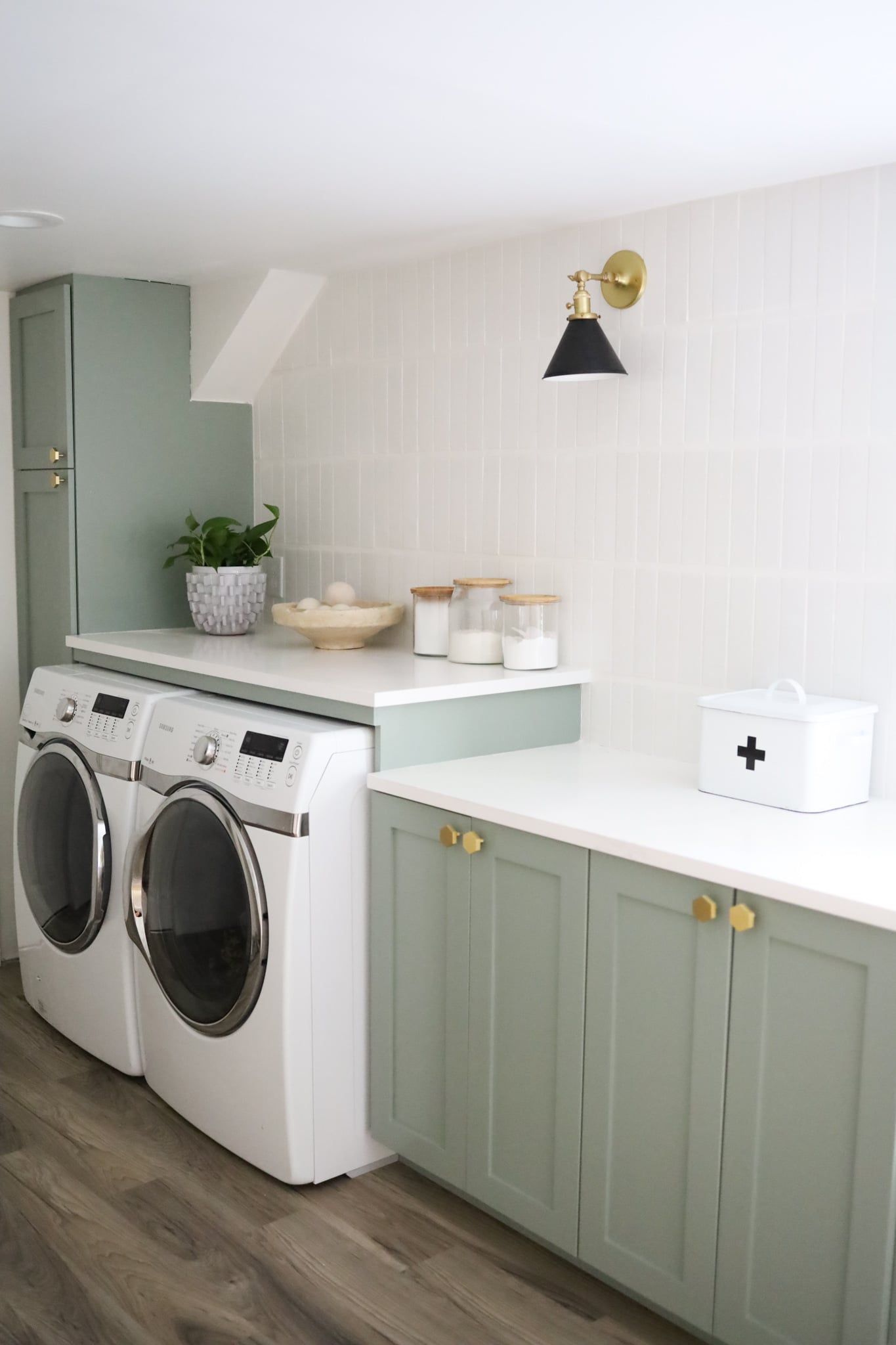 Ikea laundry room hacks Farrow & Ball Pigeon cabinets by Semihandmade and Sunday House