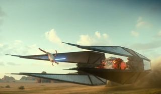 Star Wars: The Rise of Skywalker Rey does a sick flip, attacking a TIE fighter with a lightsaber