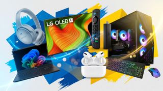 A collage of tech from the Best Buy sale, including an LG TV, ibuypower gaming PC, Fire TV Stick, Bose headphones, Acer laptop, and Apple earbuds.