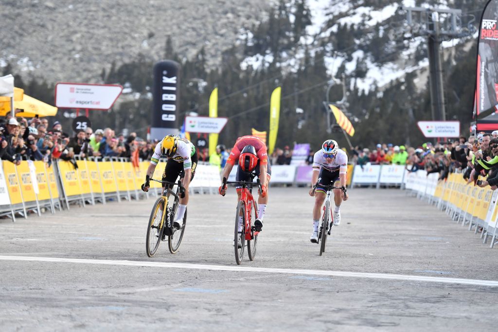 Team TrekSegafredos Italian rider Giulio Ciccone C crosses the finish line first ahead of second placed Team Jumbos Slovenian rider Primoz Roglic L and third placed Team Quick Steps Belgian rider Remco Evenepoel during the 2nd stage of the 2023 Tour of Catalonia cycling race 1655 km from Mataro to Vallter on March 21 2023 Photo by Pau BARRENA AFP Photo by PAU BARRENAAFP via Getty Images