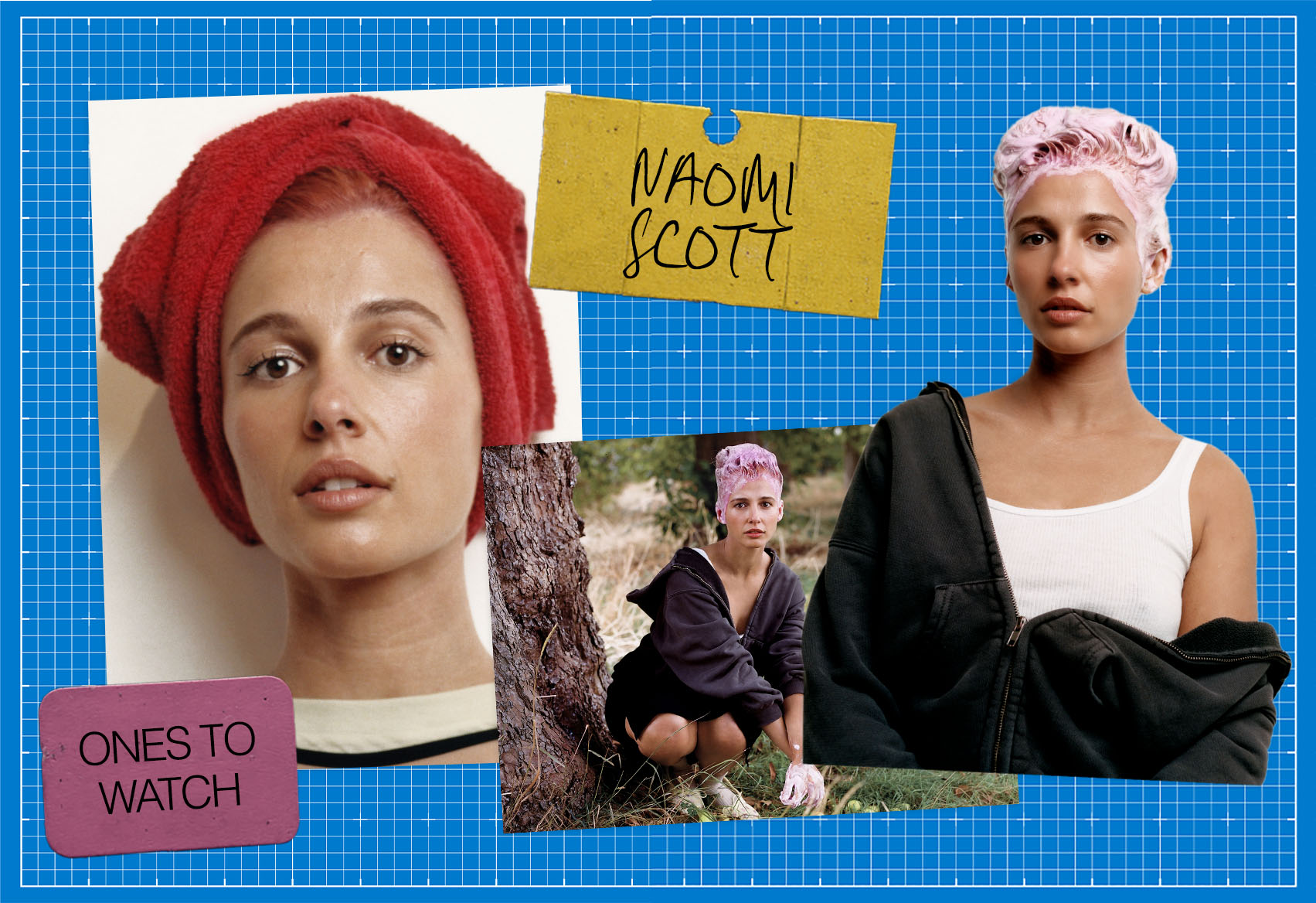 A slide featuring a collage of images of musician Naomi Scott on a blue background for our Ones to Watch in Music portfolio.