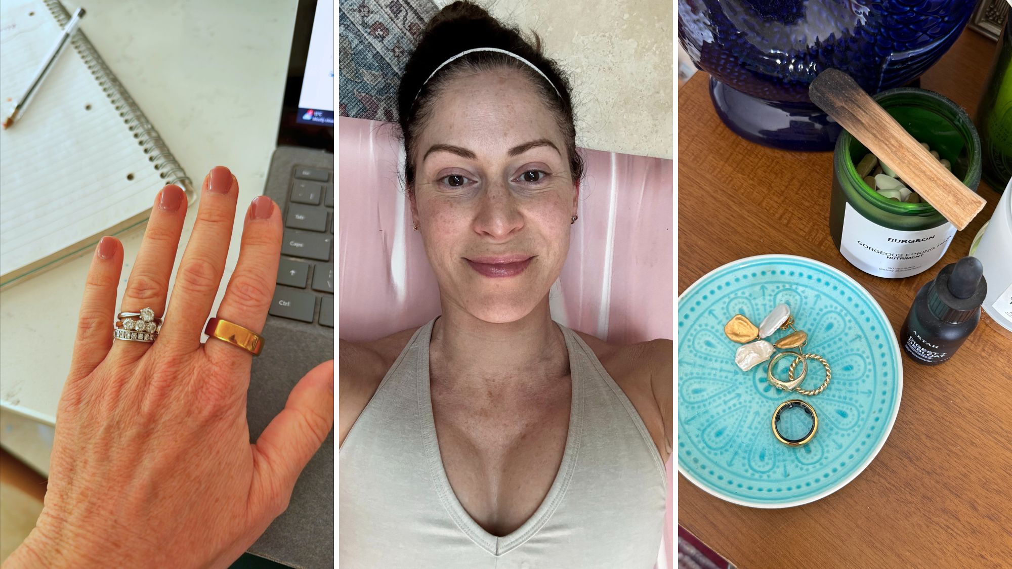 Health writer Anna Bartter's Oura ring review: A shot of the Oura fitness tracker ring on her hand, during her workout, and on her dresser