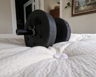 Avocado Green mattress test with dumbbell sitting in the middle of the mattress