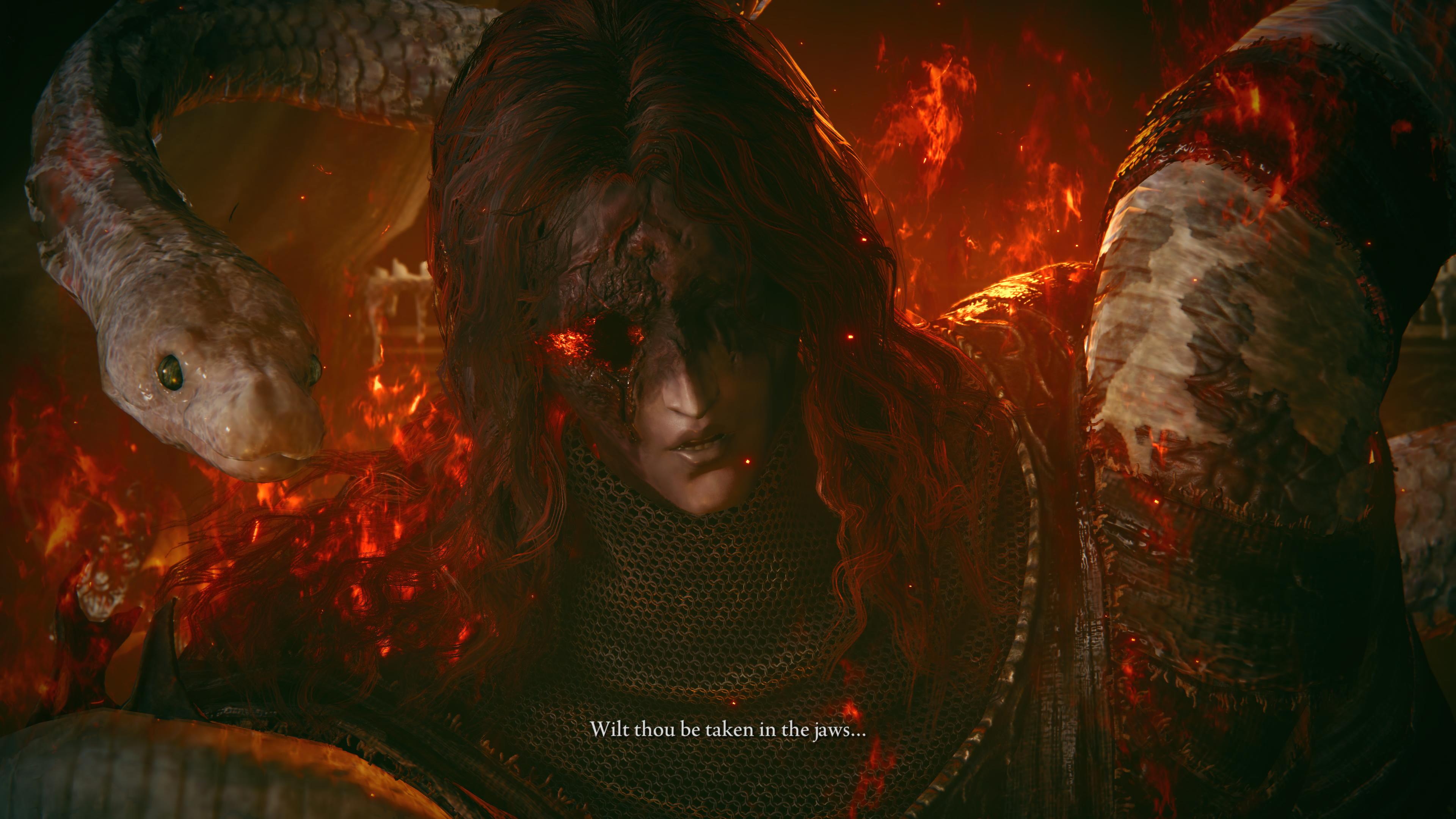 Messmer the Impaler confronts the player in Elden Ring: Shadow of the Erdtree in a cutscene, asking &#039;Wilt thou be taken in the jaws?&#039;