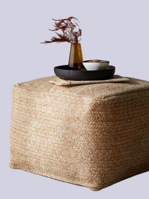 Square Faux Jute Outdoor Pouffe