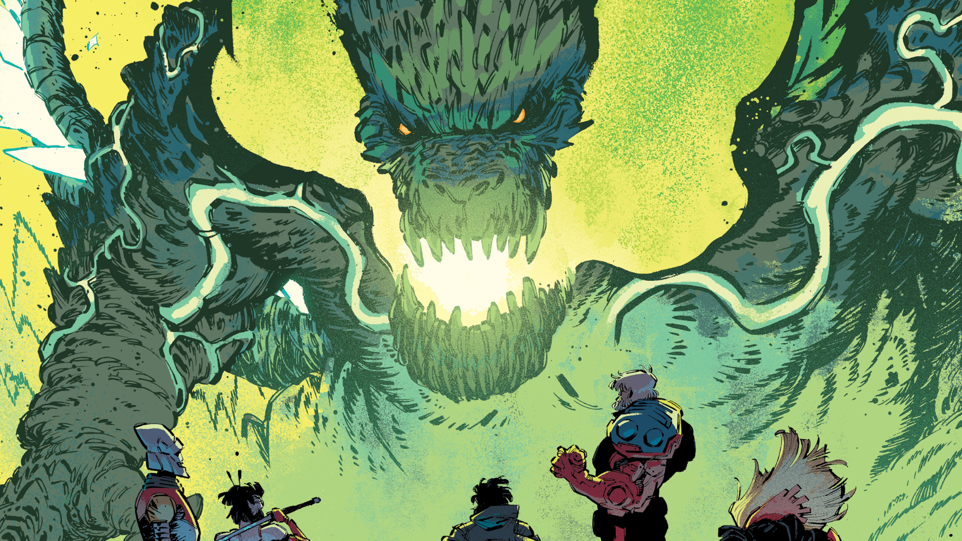 Godzilla with green flames erupting from its mouth looks down at with several human characters