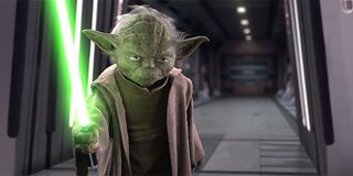 Yoda challenging Darth Sidious to a lightsaber battle