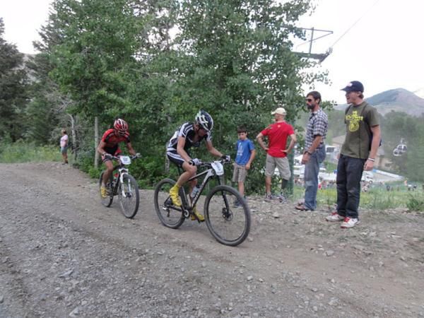Alex Grant (Cannondale) climbs at nationals with Colin Cares (Kenda)
