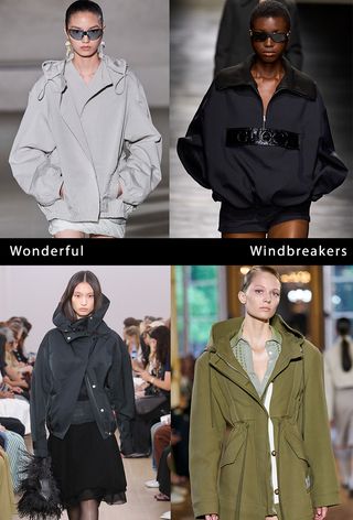 a collage of models on the runway wearing the spring jacket trend: windbreakers