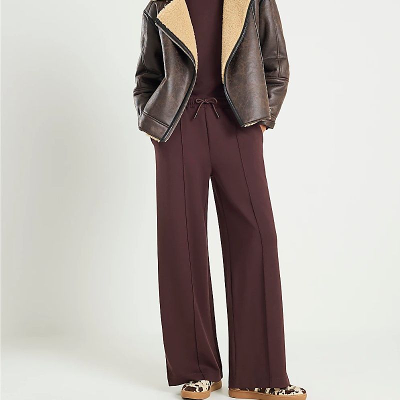 River Island, Brown Premium Wide Leg Pintuck Joggers