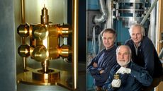 Left: A close-up image shows a torsion balance used to precisely measure the pull of gravity. Right: The E&ouml;t-Wash Group poses with a torsion balance. From right to left they are Jens Gundlach, Eric Adelberger and Blayne Heckel.
