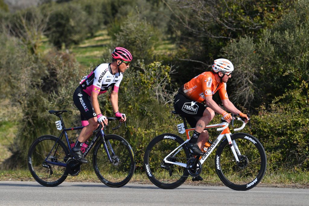 MANOSQUE FRANCE FEBRUARY 12 LR Evaldas Siskevicius of Lithuania and Team Go Sport Roubaix Lille Metropole and Tony Hurel of France and Team St Michel Auber 93 compete in the breakaway during the 6th Tour de La Provence 2022 Stage 2 a 1806km stage from Arles to Manosque 417m TDLP22 on February 12 2022 in Manosque France Photo by Luc ClaessenGetty Images