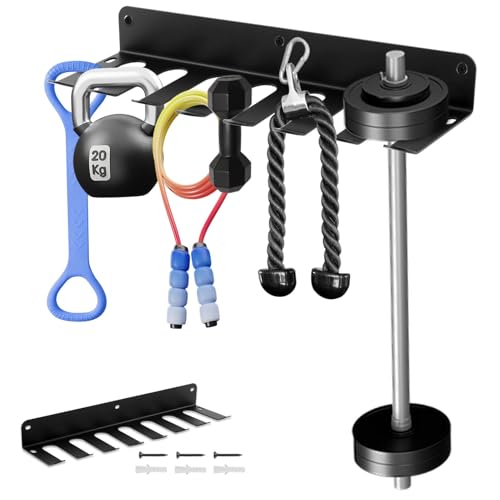 Gym Rack Organizer, Barbell Holder, 7 Slots Gym Equipment Storage Rack, Home Gyms Accessories Hanger, Wall Mount Hooks for Resistance Bands, Jump Ropes, Lifting Belt, Chains, Dumbbell