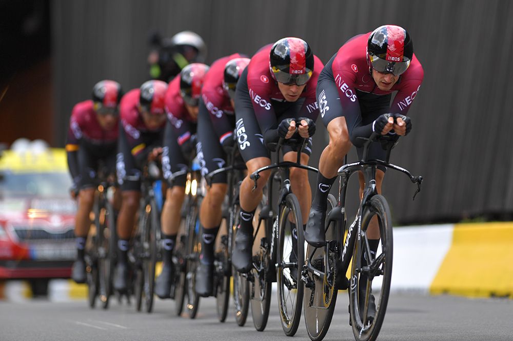 Team Ineos racing the team time trial at the Tour de France