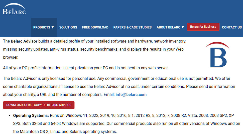 Website screenshot of Belarc Advisor