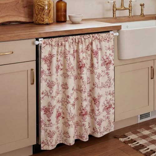 Breling Dishwasher Curtain Cover French Style Floral Pattern Cabinet Dishwasher Hidden Curtains With Magnetic Curtain Rod 35 X 39 Inches for Dishwashers Under Kitchen Sinks and Washing Machines